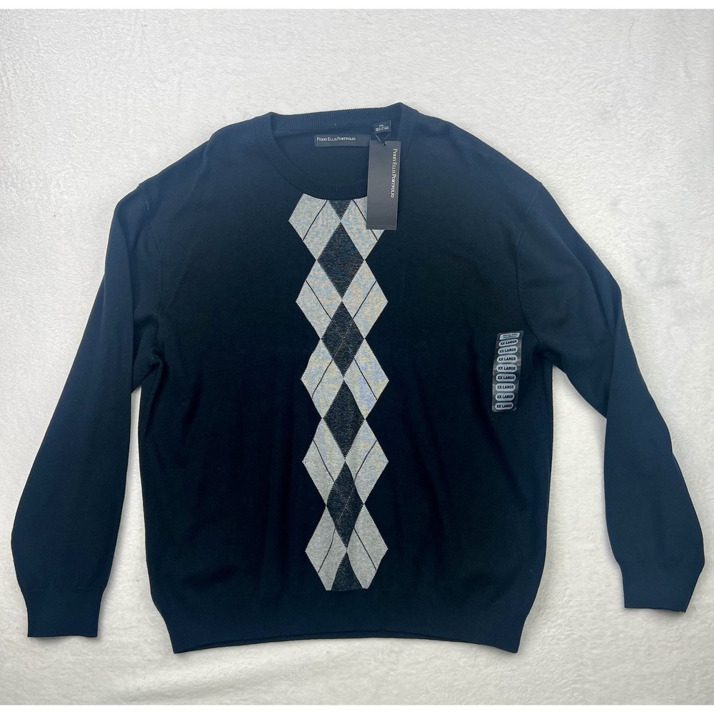 Perry Ellis Arygyle Diamond Sweater Black Diamond Sz 2XL Pullover NWT